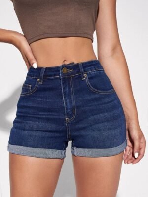 AAHWAN Women Washed Slim Fit High-Rise Denim Shorts
