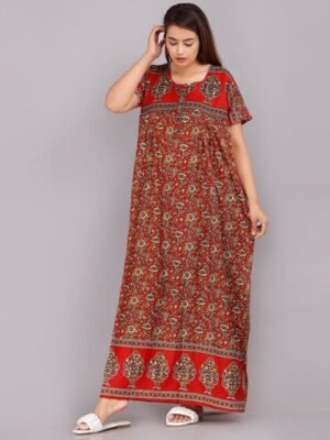 AAKARSHANA CREATION Red Pure Cotton Maxi Printed Nightdress