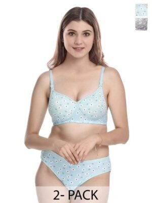 Aamarsh Pack Of 2 Lightly Padded Printed Cotton Brief Lingerie Set