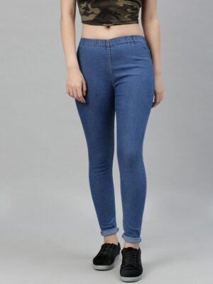 ADBUCKS Women's Blue Solid Denim Lycra Jeggings with Elasticated Waistband