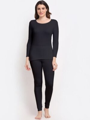 Aerowarm Women Charcoal Grey Solid Thermal Top & Bottom