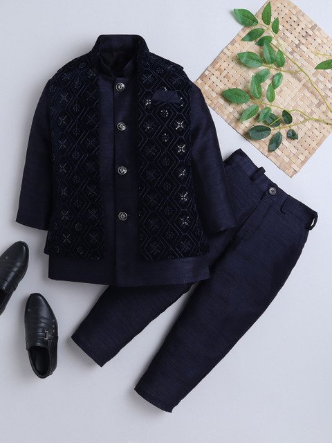ahhaaaa Boys Ethnic Motifs Embroidered Sequinned Velvet Straight Bandhgala with Trouser