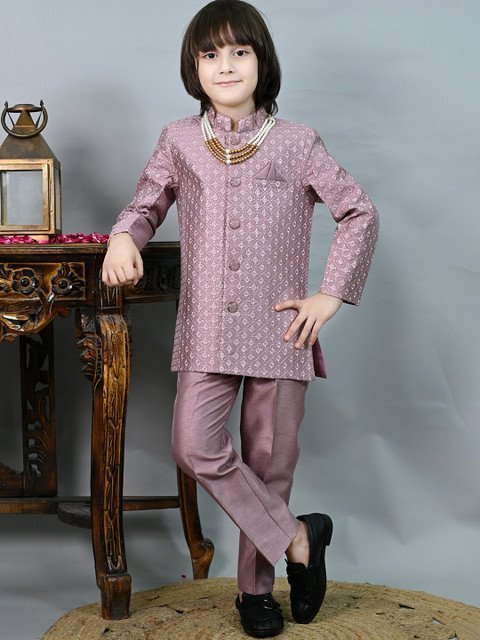 ahhaaaa Boys Floral Woven Design Jodhpuri Bandhgala Suit Set With Mala