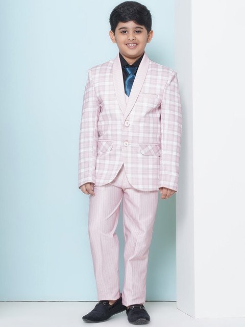 Aj DEZInES Boys Checked Cotton Single-Breasted Five-Piece Suit