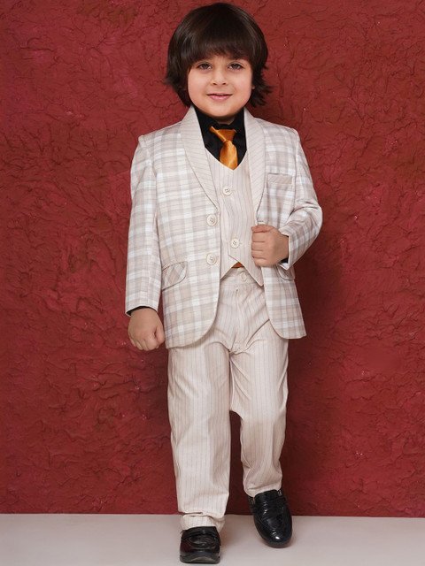 Aj DEZInES Boys Checked Shawl Collar Long Sleeves Single-Breasted Five-Piece Party Suit