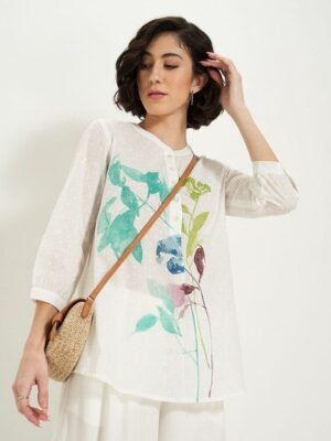AKKRITI BY PANTALOONS Women Mandarin Collar Printed Pure Cotton Tunic