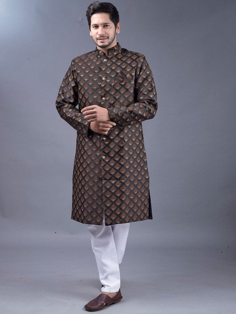 amzira Brocade Mandarin Collar Pure Cotton Sherwani Set