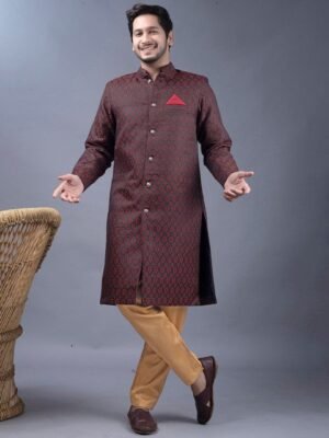 amzira Brocade Mandarin Collar Pure Cotton Sherwani Set