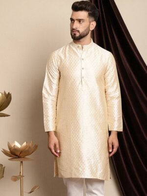 Anouk Ethnic Motifs Woven Design Band Collar Silk Cotton Regular Kurta