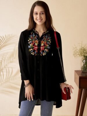 Anouk Floral Embroidered Mandarin Collar Thread Work Short Kurti