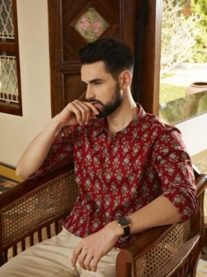 Anouk Men Red & Grey Floral Printed Pure Cotton Casual Shirt