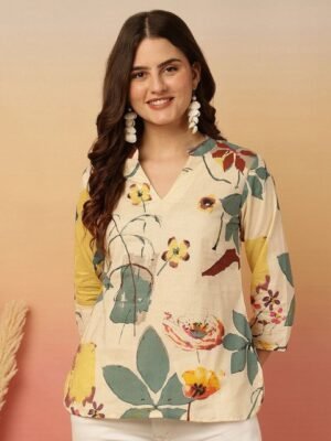 Anouk Multicoloured Floral Print V-Neck Cotton Top