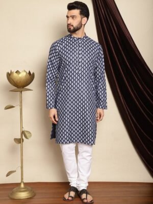 Anouk Navy Blue Ethnic Motifs Printed Band Collar Kurta with Churidar