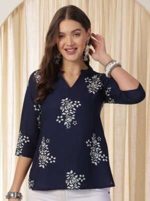 Anouk Rustic Floral Printed Mandarin Collar A-Line Top
