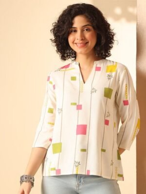 Anouk Rustic Women Geometric Printed V-Neck Longline Top