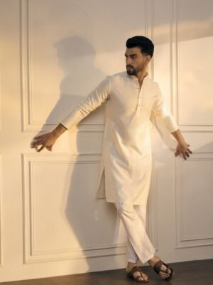 Anouk White Striped Embroidered Sequinned Mandarin Collar Straight Kurta