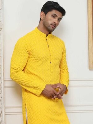 Anouk Yellow Floral Embroidered Regular Kurta with Pyjama