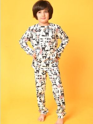 Anthrilo Boys White & Black Printed Pure Cotton Night suit