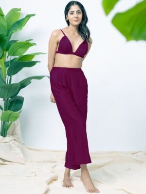 Aoba Purple Sleeveless Crop Satin Beachwear Set