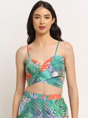Aoba Women Green & Orange Printed Beachwear Top