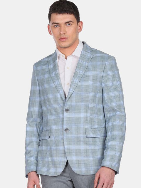 Arrow Men Green Checked Single Breasted Formal Blazer