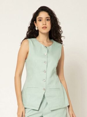 B77 Women Twill Mint Green Round Neck Cotton Waistcoat