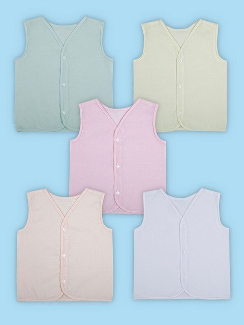 Baby Moo Solid V-Neck Sleeveless Front Opening Button Cotton Jhablas 5 Pcs