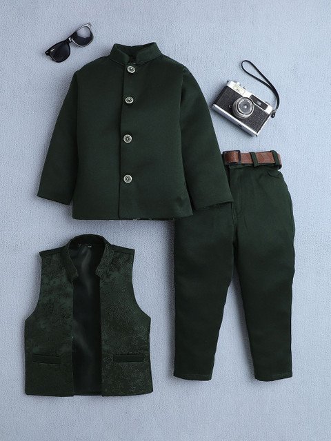 BAESD Boys 3 Piece Self Design Mandarin Collar Single Breasted Suit Set