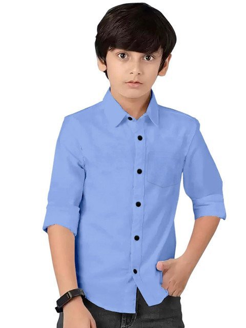 BAESD Boys Blue Cotton Spread Collar Curved Regular Fit Casual Shirt