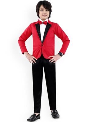 BAESD Boys Cotton Notched Lapel Self-Design Long Sleeve Single Breasted Blazer