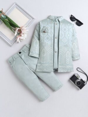 BAESD Boys Embroidered Leaf Motifs Mandarin Collar Sherwani Set