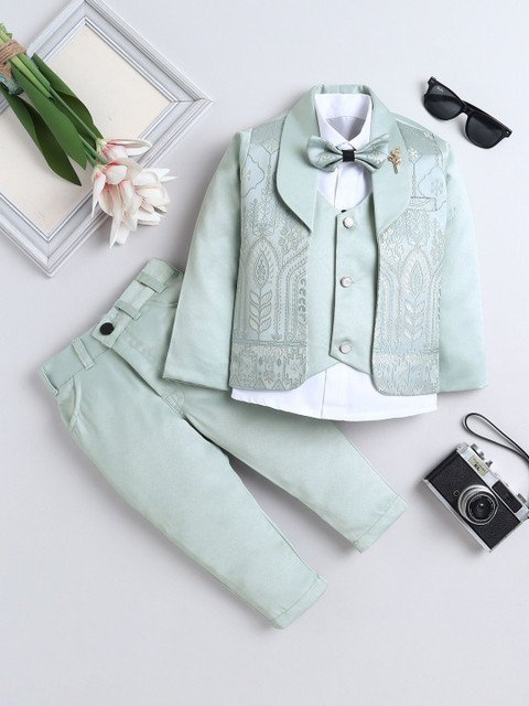 BAESD Boys Leaf Motifs Shawl Collar Jacquard 3 Piece Party Suit With Bow