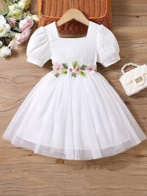BAESD Girls Embellished Square Neck Short Puff Sleeve Net Fit & Flare Dress