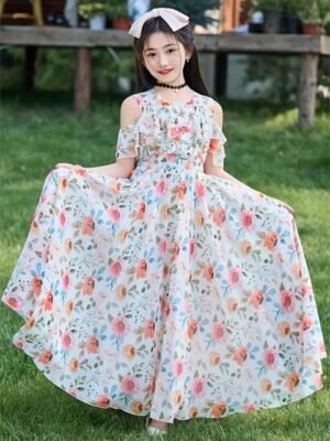 BAESD Girls Floral Print Cold-Shoulder Layered Georgette Gown Maxi Dress