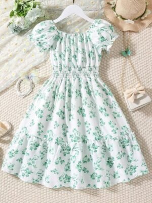 BAESD Girls Floral Print Puff Sleeves Fit and Flare Dress