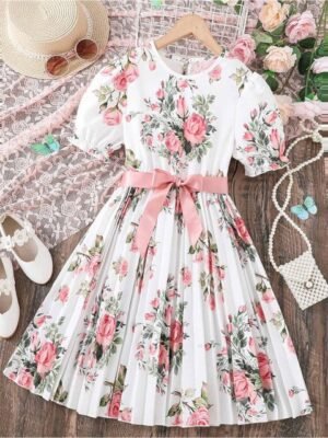 BAESD Girls Floral Print Round Neck Short Puff Sleeves Fit & Flare Dress