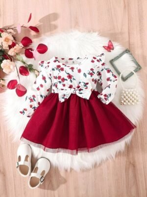 BAESD Girls Floral Printed Bow Applique Net Fit & Flare Dress