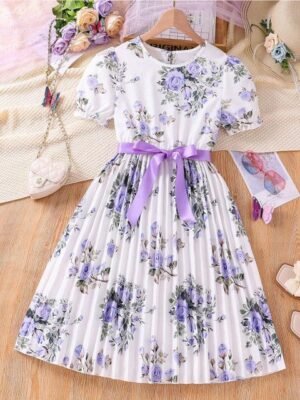 BAESD Girls Floral Printed Puff Sleeves Fit & Flare Dress
