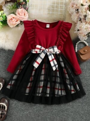 BAESD Girls Printed Round Neck Long Sleeves Fit & Flare Dress