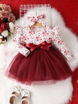 BAESD Girls Self Design Net Round Neck Casual Fit & Flare Dress Comes With A Belt