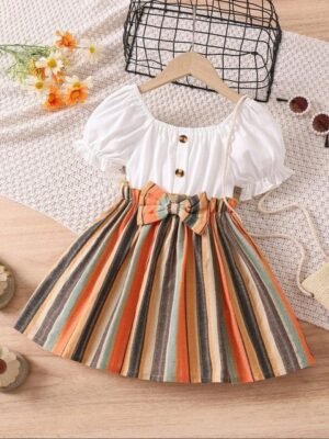 BAESD Girls Striped Puff Sleeve Fit & Flare Dress