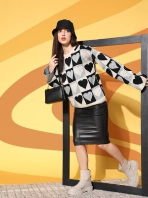 Berrylush Women Stunning Black Conversational Knits Bits Sweater
