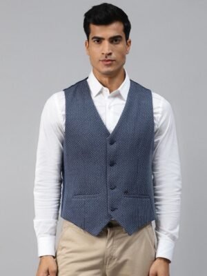 Blackberrys Men Navy Blue & White Woven Design Slim Fit Waistcoat