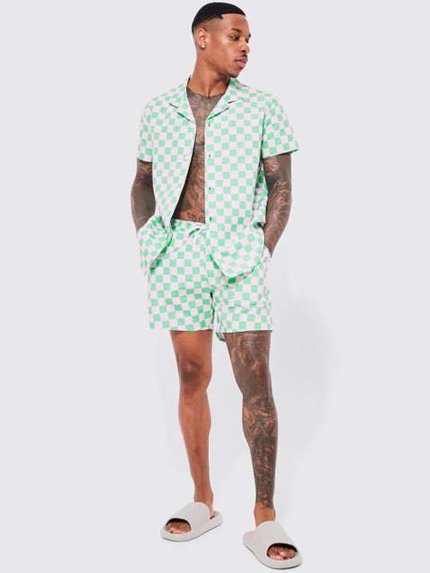 boohooMAN Checkerboard Shirt And Shorts Swim Set