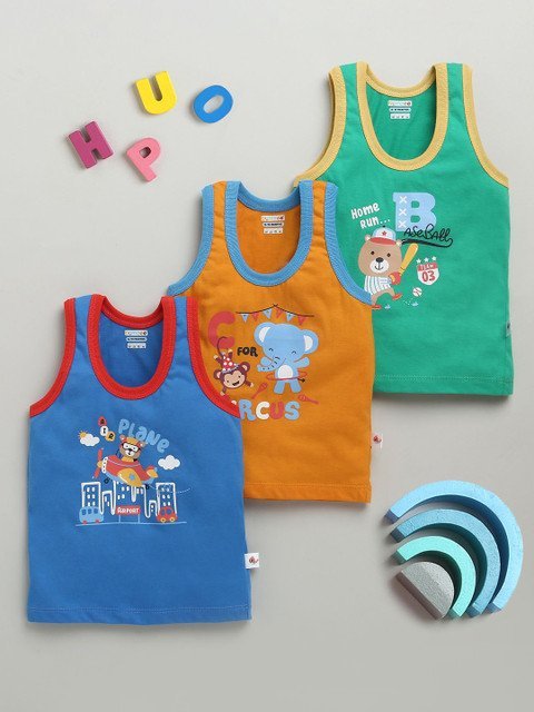 BUMZEE Boys Pack Of 3 Printed Cotton Basic Vests
