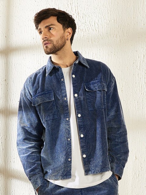 Buy FUGAZEE Blue Oversized Fit Washed Corduroy Weave Cotton Shacket - - Apparel for Men