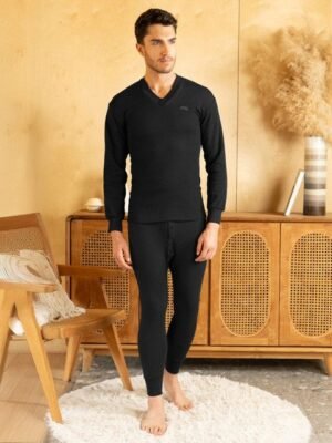 Buy Lux Cottswool Men Black Solid Cotton Thermal Set - - Apparel for Men