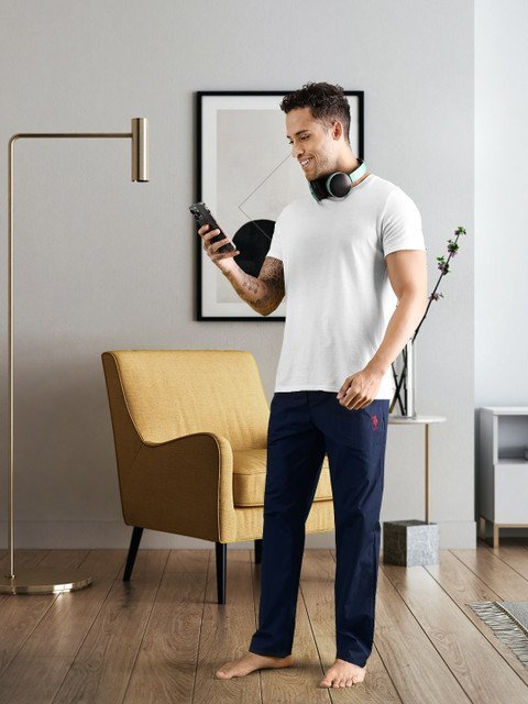 Buy U.S. Polo Assn. Men Navy Blue Solid Pure Cotton Lounge Pants - - Apparel for Men