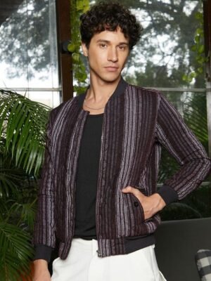 Campus Sutra Men Stand Collar Striped Cotton Casual Biker Jacket