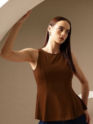 Chemistry Women Cotton Solid Boat Neck Peplum Top